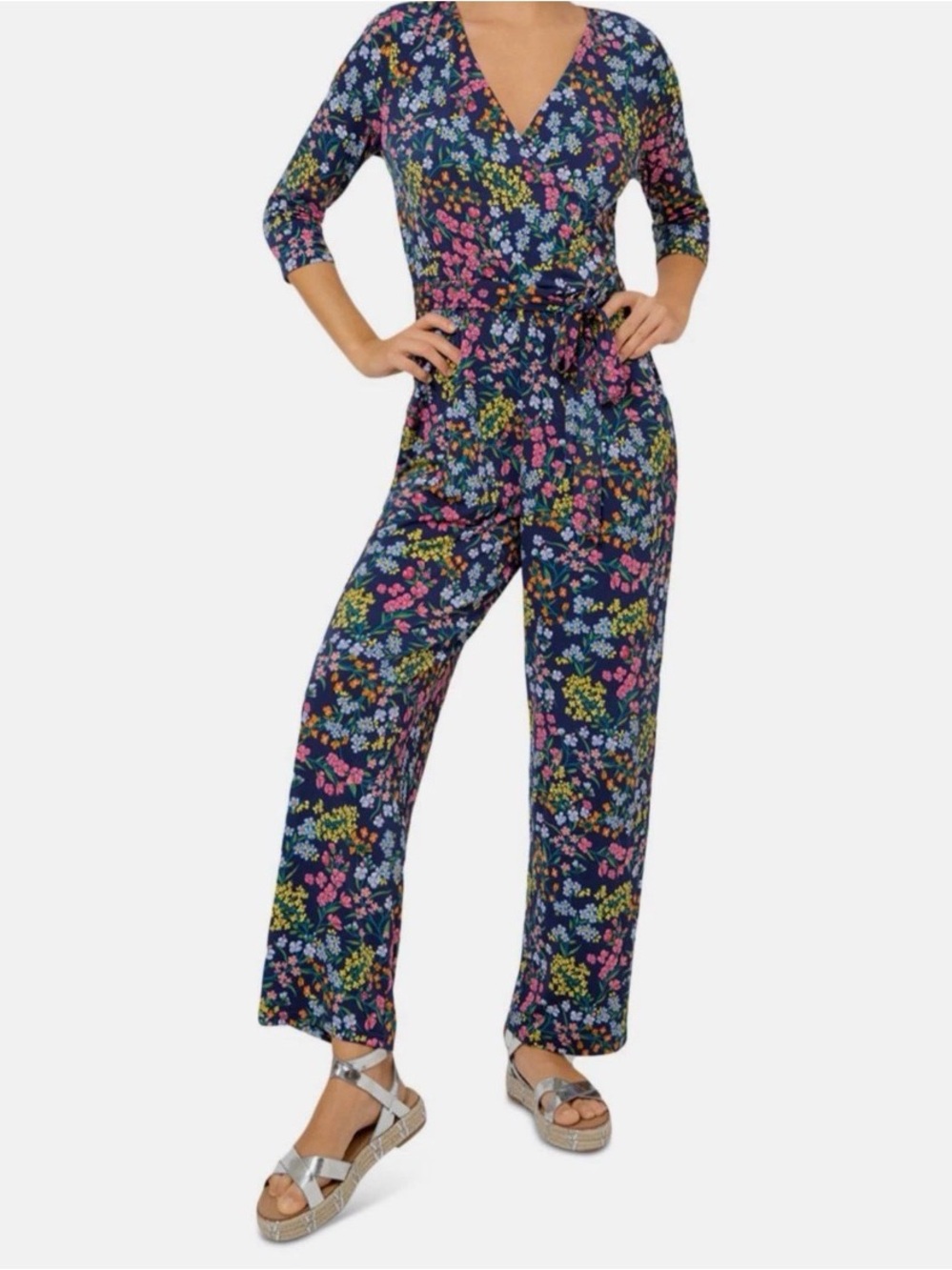 Leota Navy Floral Wrap Jumpsuit with Tie Waist Medium
